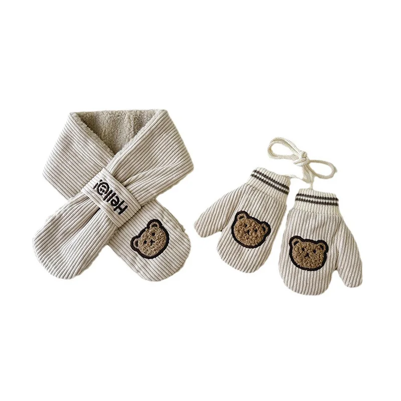 Corduroy Children Scarf Gloves Set for Boys Girls Cute Plus Velvet Cross Scarf Thicken Kids Mitten Winter Warm Baby Accessories