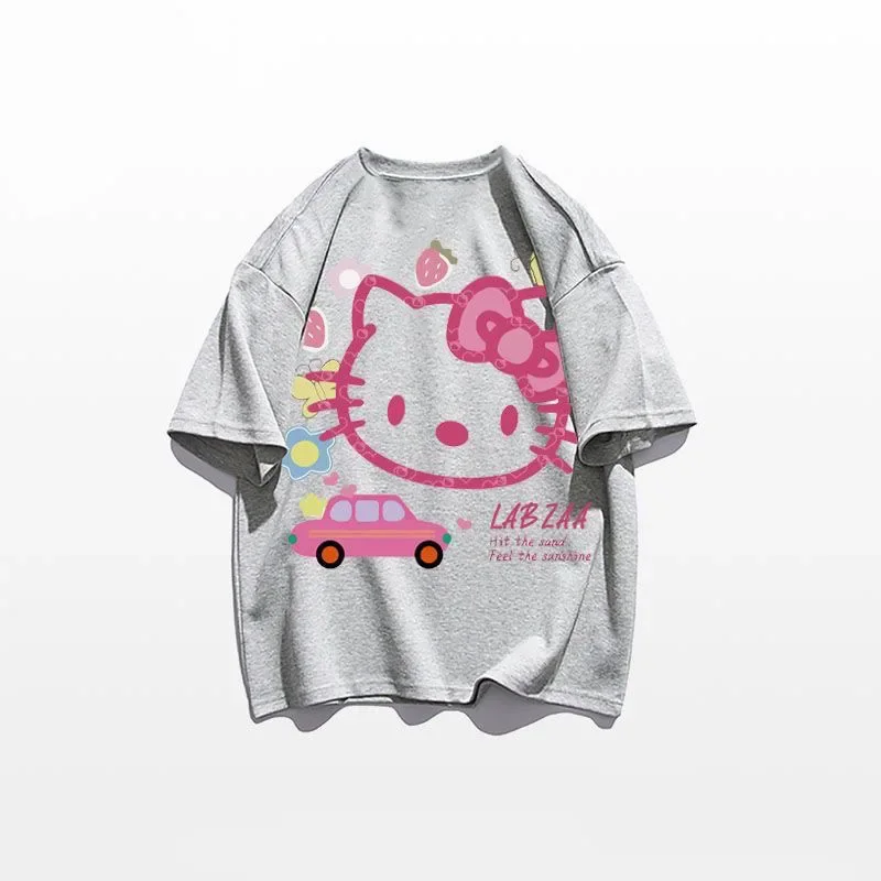 Sanrio เสื้อยืดคอกลมแขนสั้นสำหรับผู้หญิง, เสื้อ Y2K พิมพ์ลายการ์ตูนฉบับภาษาเกาหลี Hello Kitty