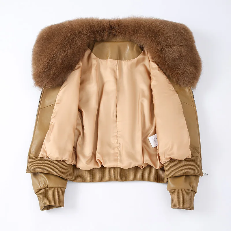 New Women Leather Jackets Genuine Sheepskin Coat Fox Fur Collar Full Sleeve Zipper Fashion Autumn Winter Outwear GT5076