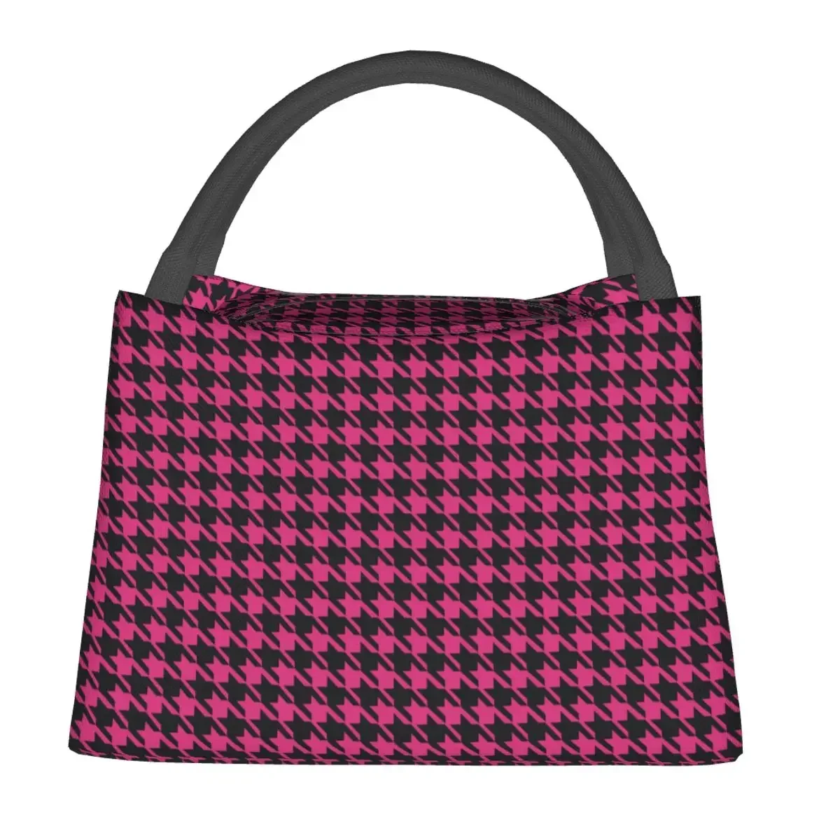 Pink Houndstooth Plaid Lunch Bag Geometric Vintage Lunch Box Outdoor Picnic Portable Zipper Tote Food Bags Custom Cooler Bag