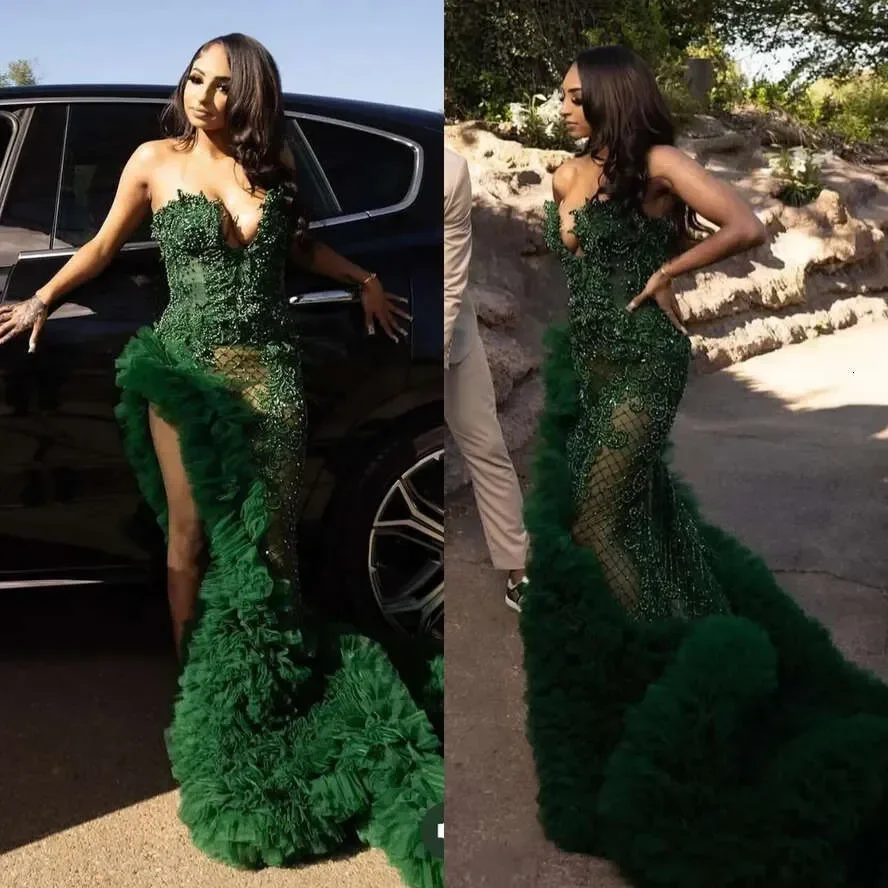 

Sexy Side Split Dark Green Prom Dresses Appliques Lace Beaded Ruffles Long Sweetheart Sleeveless Evening Dress Customized
