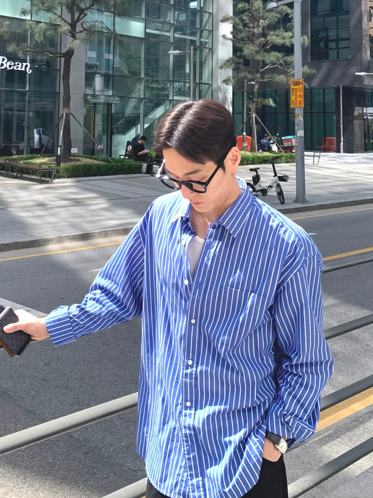 

Мужская рубашка из оксфордской ткани в полоску, приталенная, с длинным рукавом, с защитой от солнца, синяя, на пуговицах, повседневная рабочая одежда, премиум-качество