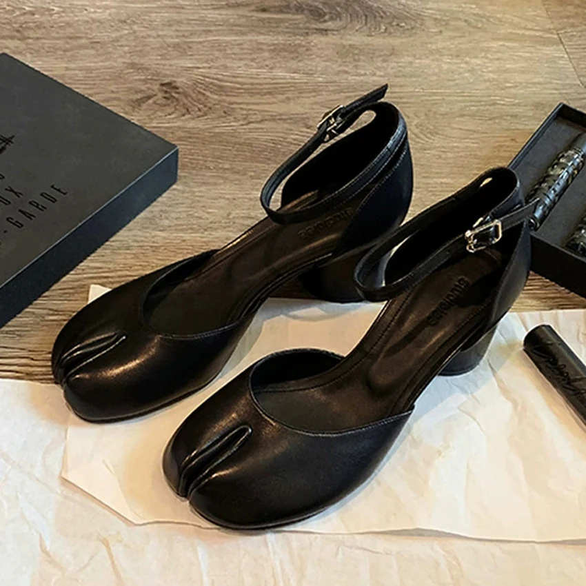 Brand Designer high heels shoes woman ankle strap silver crack leather pumps split toe mary janes shoes women's pumps and heels