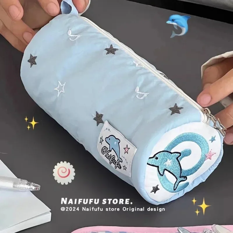 Apple Star Pen Bag Embroidery Y2K Dolphin Sitting Mountain Guest Cute Stationery Student Storage Bag Portable High Capacity Bag