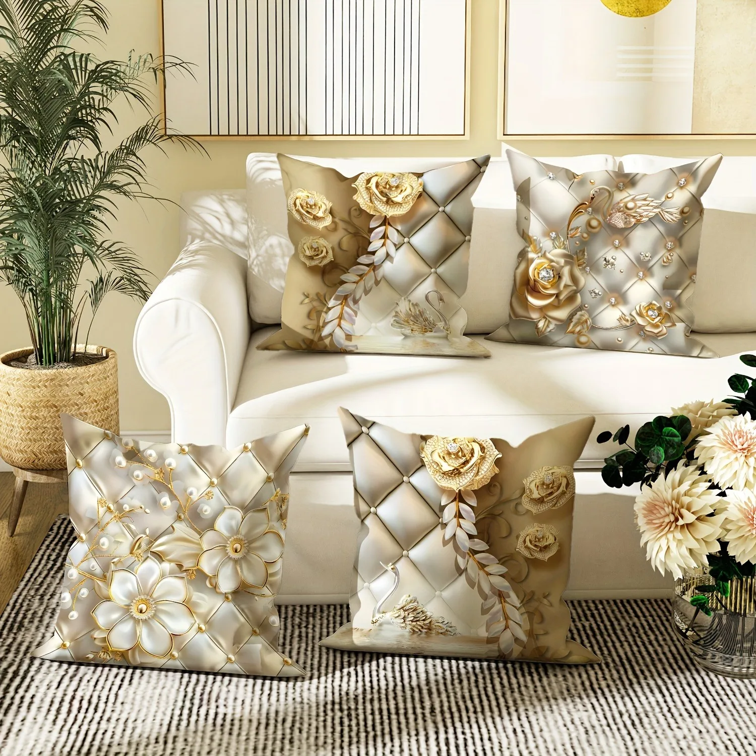 Jinyun Elegant Swan Flower Pattern Home Decorative Pillowcase Living Room Sofa Polyester Cushion Cover with Zipper