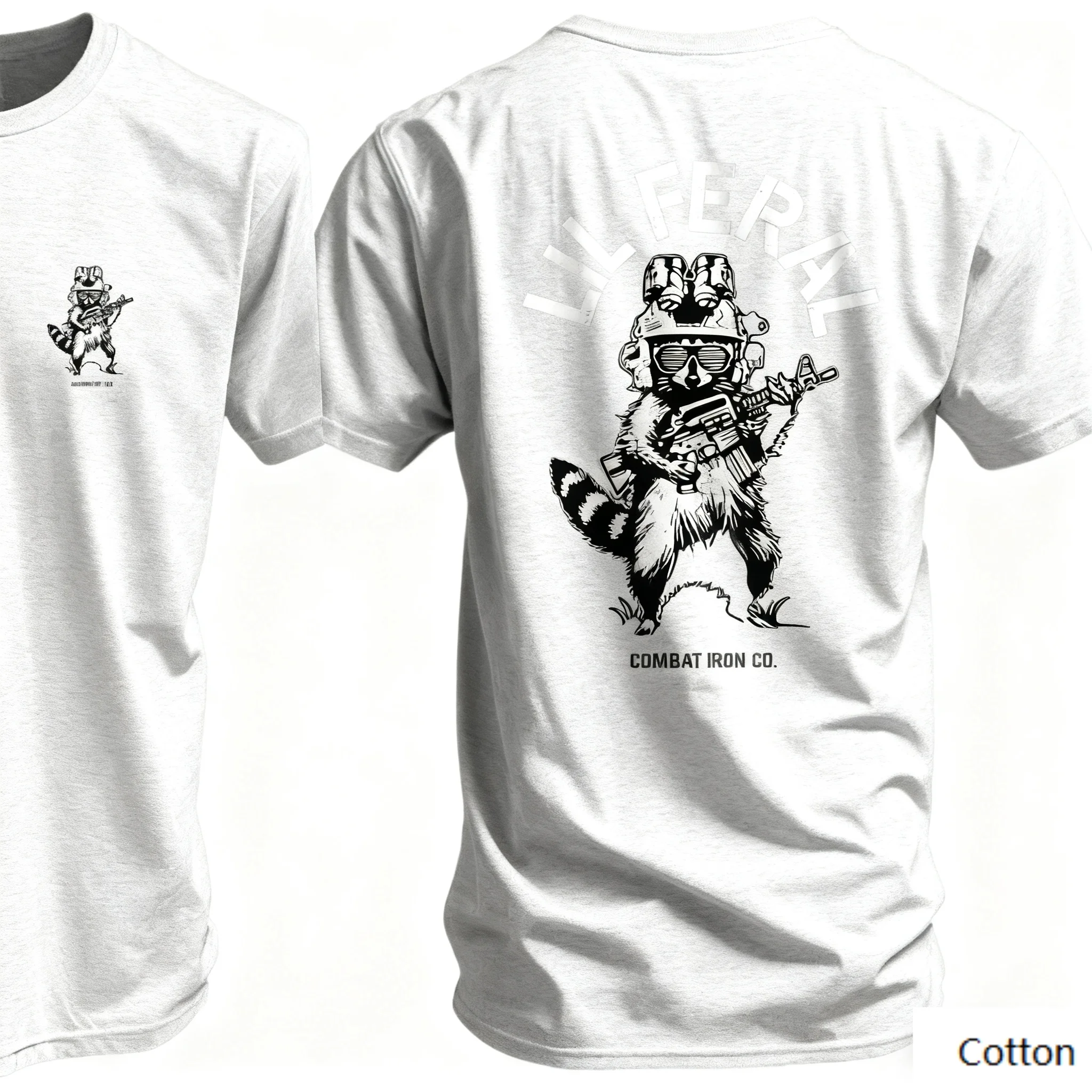 تي شيرت قطني "Edgy Lil Feral Vibe" برقبة دائرية: يتميز بتصميم رائع من المطبوخ في معدات تكتيكية مع مسدس ونص