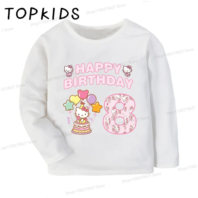 Sanrio Hello Kitty Print Kawaii Girls Clothes Kids T shirt 1 2 3 4 5 6 7 8 9 Years Birthday Number Long Sleeve Baby Boys T-Shirt