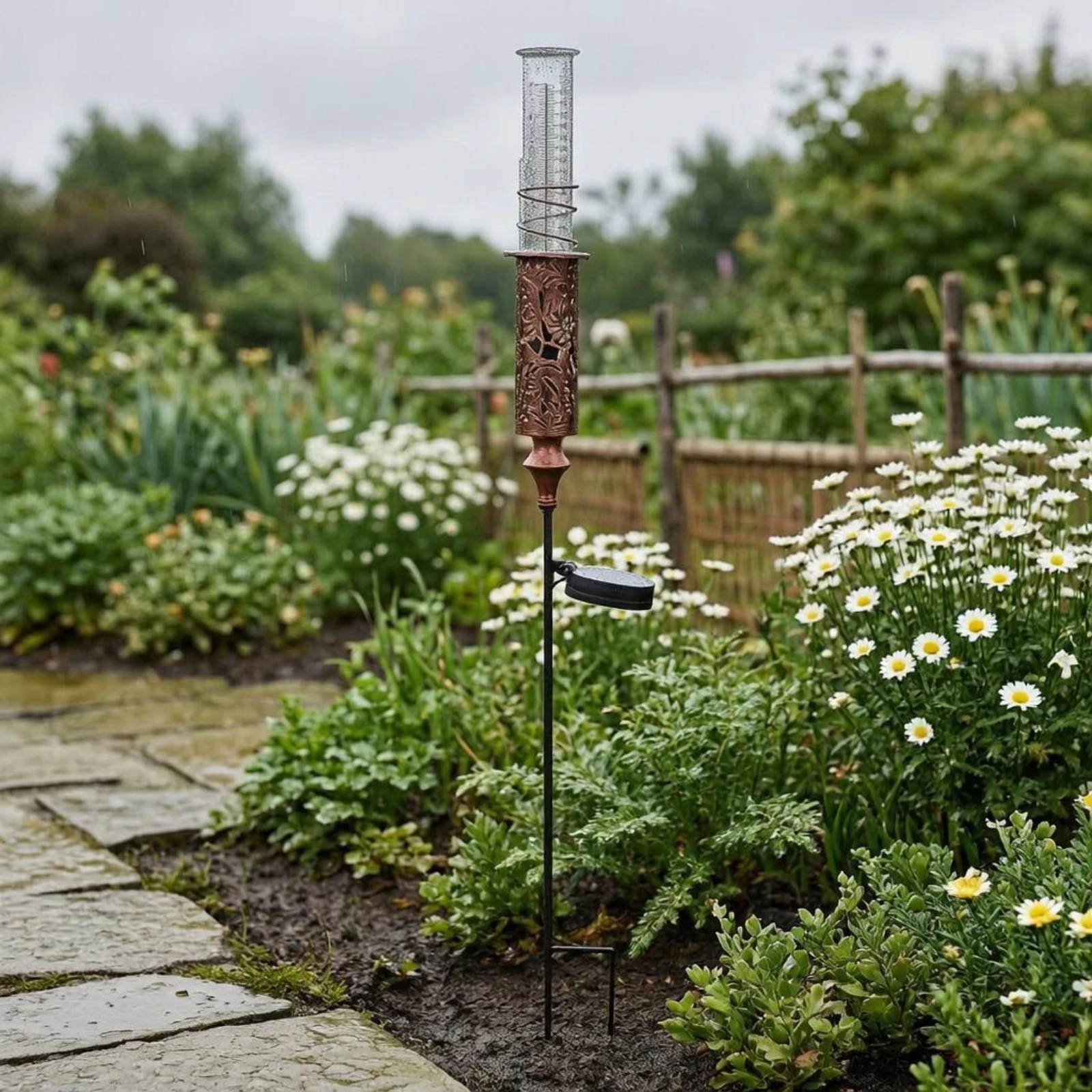 Solar Rain Gauge Easy to Read Metal Rain Gauge Stake Metal Solar Garden Stake Waterproof for Lawn Decoration