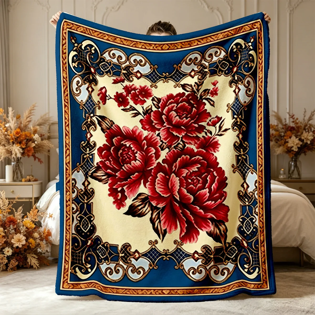 Ornate Peony Throw Blanket Rich Red Flower Antique Gold‑Blue Frame Print Soft Flannel for Kids Room Sofa Lap Noble Decor Gift