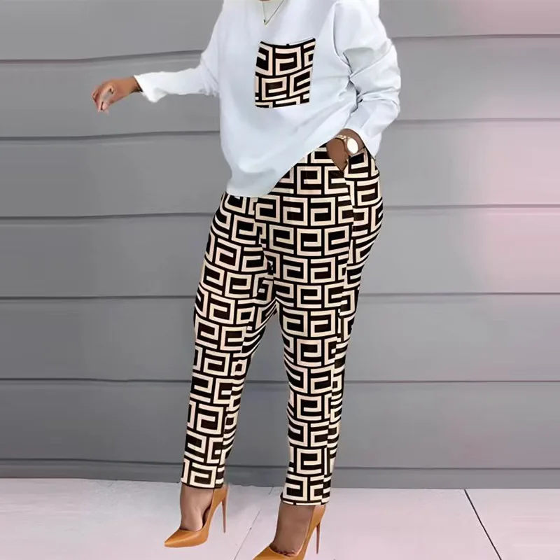 Conjunto casual de calças de manga comprida estampada confortável para mulheres, conjunto de 2 peças, pulôver plus size, outono, inverno, 2024