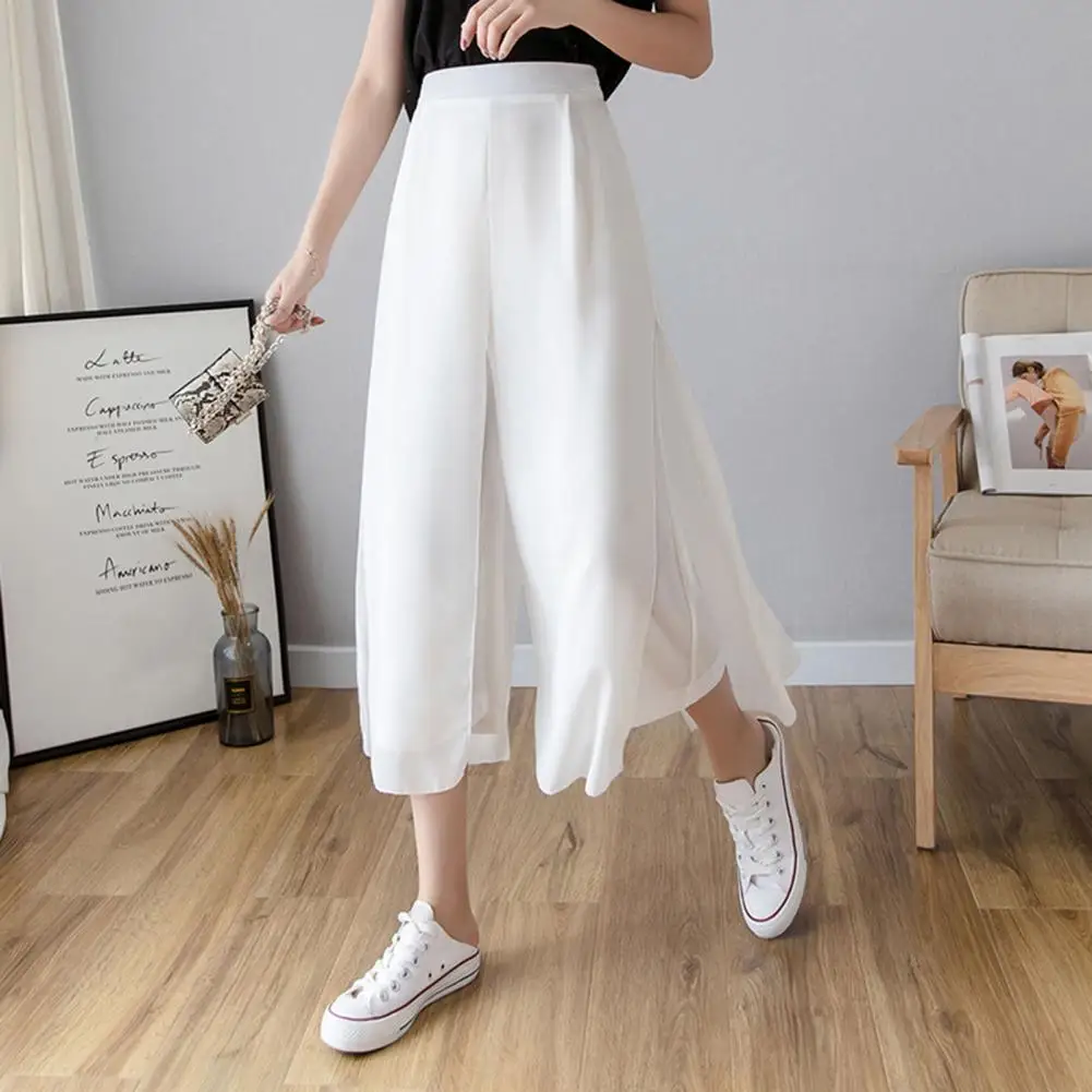 

Comfortable Wide-leg Pants Stylish Women's Wide-leg Culottes Elastic High Waist Chiffon Trousers for Daily Wear Casual Polyester