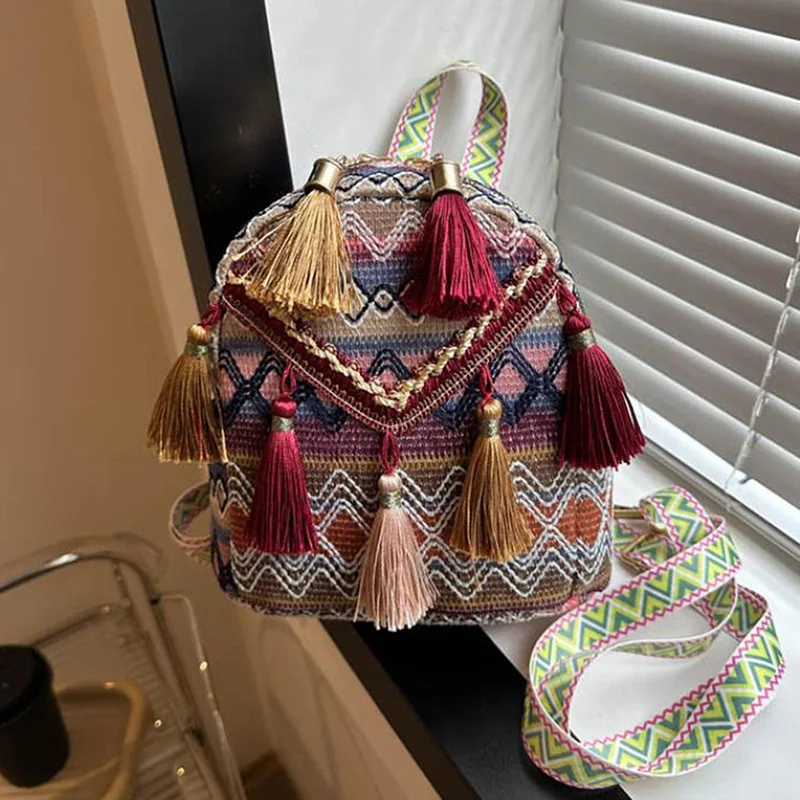 Women Backpack, Trendy Ethnic Style Colorful Woven Tasseled Handbag Large Capacity Bag