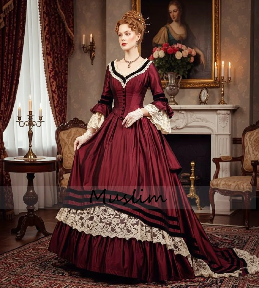 Neoklassieke Marie Antoinette avondjurk donkerrode Victoriaanse galajurk met kant middeleeuwse hertogin formeel feest op maat