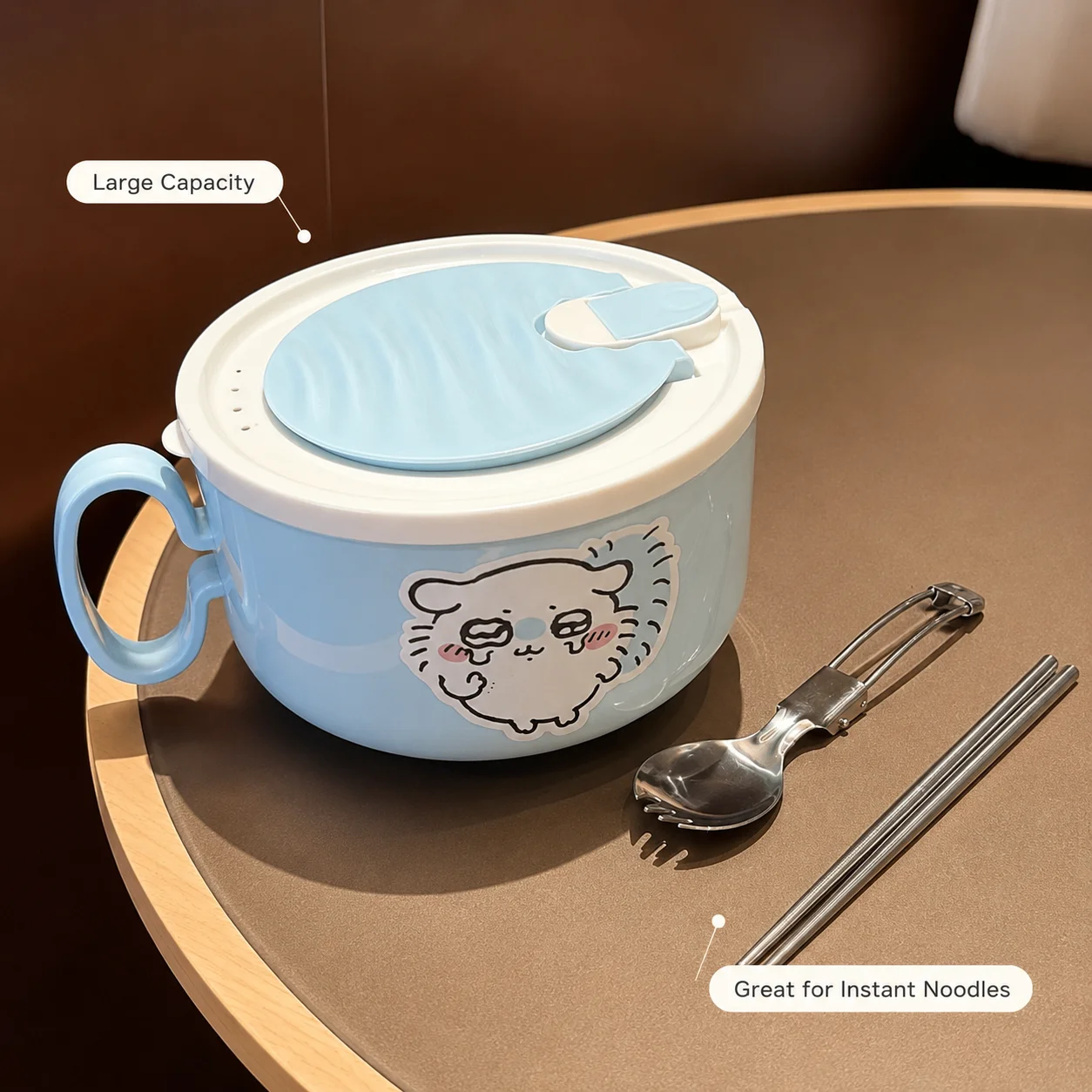 

Hot Chiikawa 304 Stainless Steel Noodle Bowl Large Capacity Bowl With Lid Foldable Spoon Fork Portable Soup Bowl Lunch Container