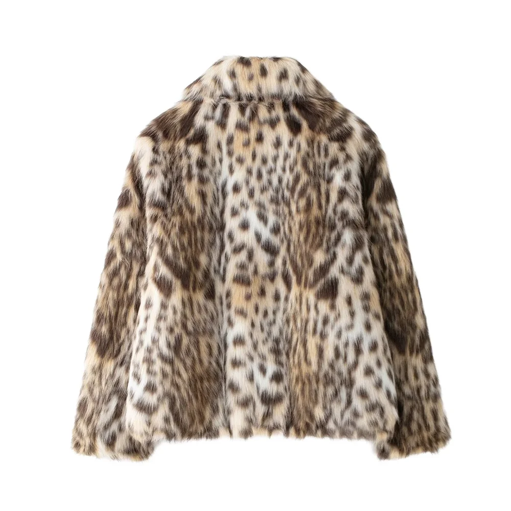 ZA2024 autumn new women\'s clothing style slim fit  thick and warm animal print lapel short faux fur effect jacket