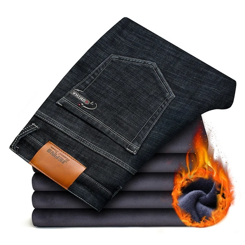 ICPANS Winter Denim jeans men black Warm Classic Thicken Overalls Men Pants Trousers Male Bule Big Size 38 40 42 44 46