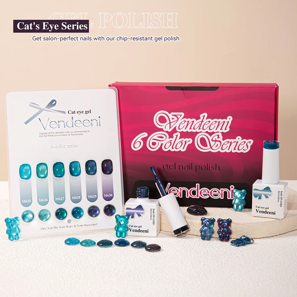Vendeeni 6 Farben/Set Cyanblauer Kristall-Katzenaugen-Gel-Nagellack UV-Härtender Glasperlen-Magnet-Katzenaugen-Gel-Lack mit Display – Detail 9