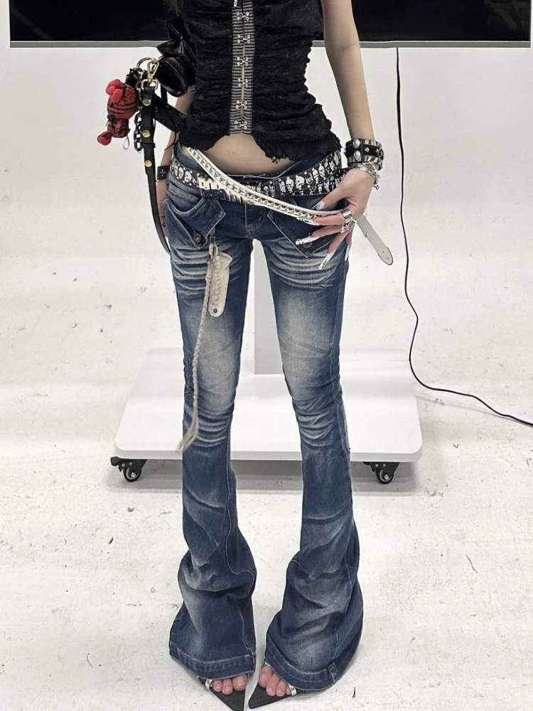 American Vintage Full Length Bootcut Jeans Distressed Women Casual Patchwork Denim Zipper Gothic Style Streetwear 2025 Autumn