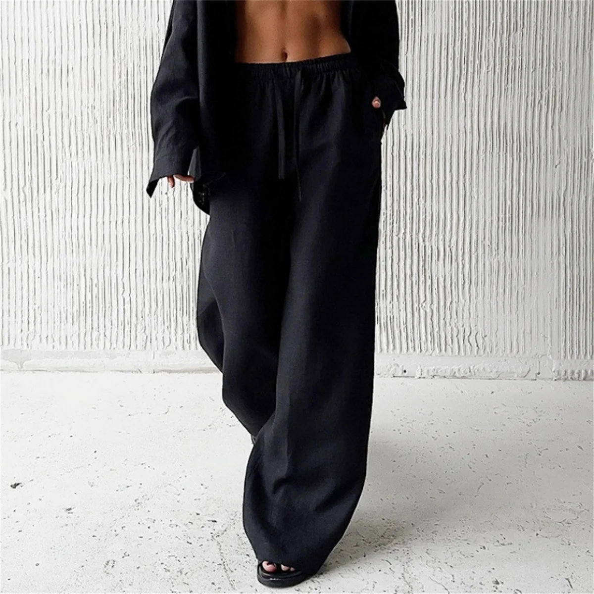 Casual Oversized White Solid Wide Leg Pants Fashion Women Elastic High Waist Pocket Baggy Sweatpant Office Lady Commute Trousers