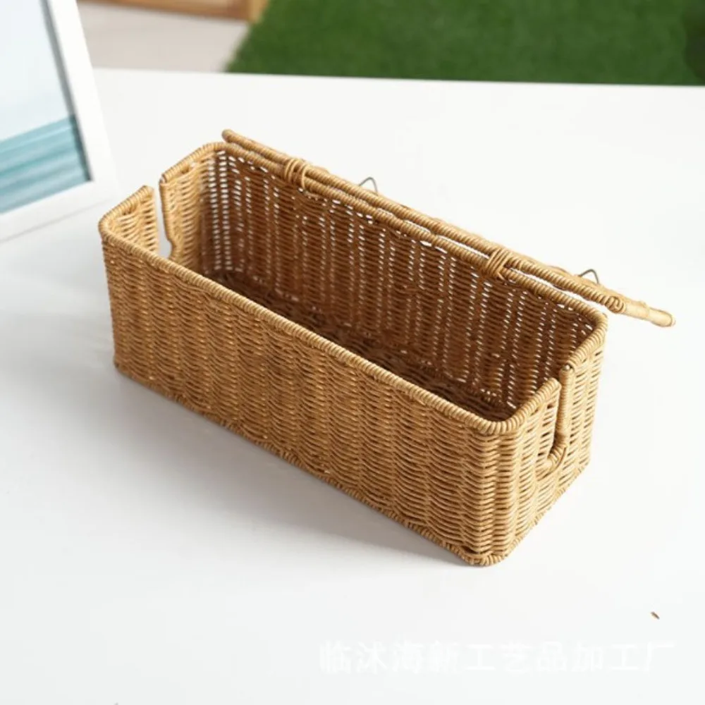 Hand-Woven Imitation Rattan Cable Organizer Box Well-ventilated Rustic Style Charging Station Storage Box Rectangular