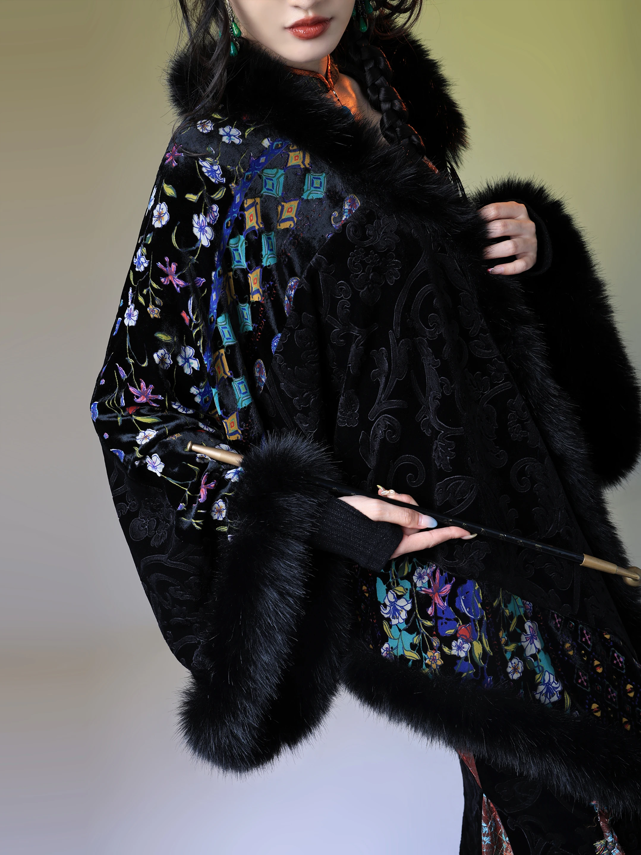 

Modern New Chinese Sle Warm Velvet Autumn Winter Coat Fur Outerwear Original Design Comfortable Plant Floral Geometric Pattern