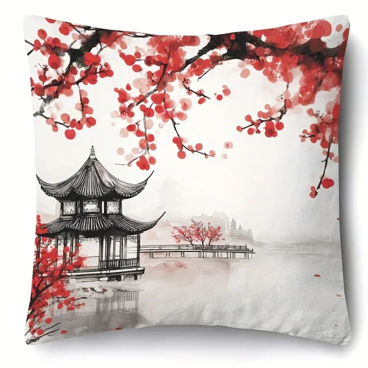 Red Plum Blossom Patterned Pillowcase ,Sofa Bedroom Cushion Cover, Single-sided Printing, Without Pillow Core