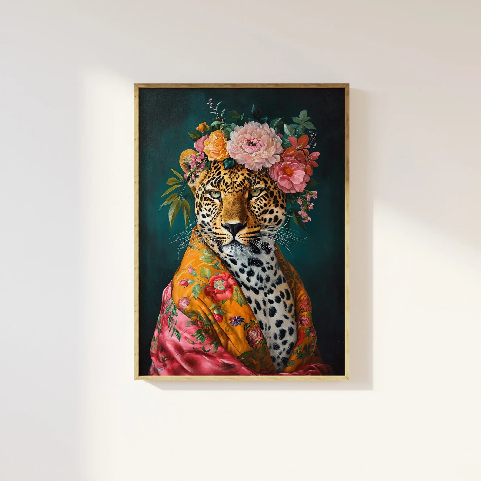 Maximalistischer, eklektierischer Fashionista-Kunstdruck mit Leopardenmuster |   Auffälliges Tierporträt, verändertes Tierporträt, lustiges buntes, blumiges Vintage
