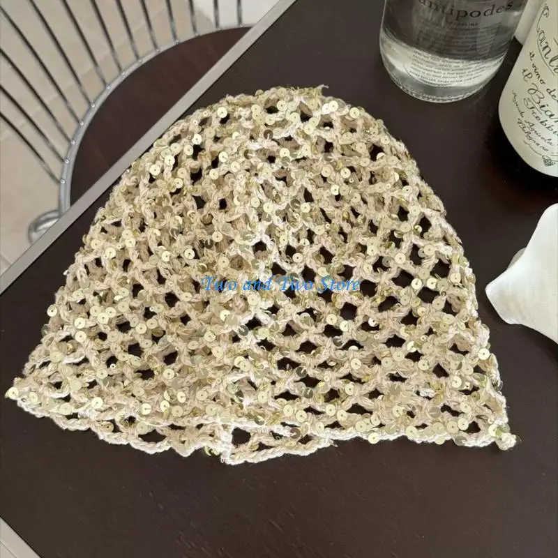 

HX6F Glitters Hat With Adjustable and Sparkling Sequins Design Hollowout Slouch Hat For Women Daily Outfit Party Wear