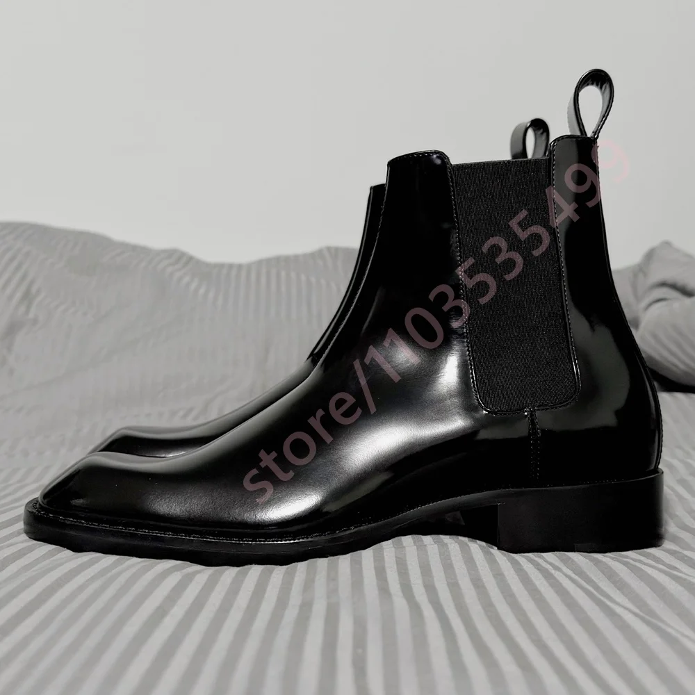 

Черные ботинки челси с квадратным носком, весна 2026, ретро, с круглым носком, на массивном каблуке, укороченные, в уличном стиле, модные, глянцевые, мужские, кожаные