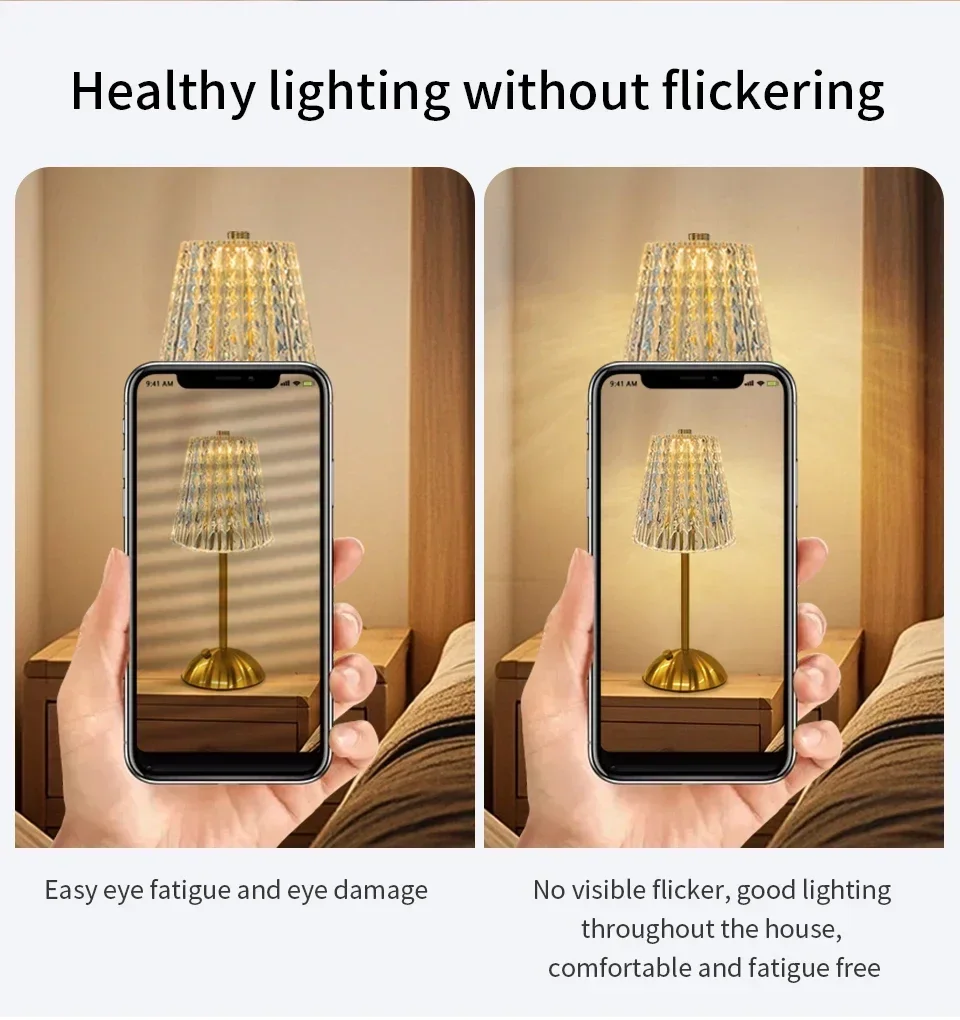 Rechargeable Touch Table Lamp 3 Colors Dimmable Artificial Crystal Lamp Portable Night Light for Bedroom Living Room Restaurant