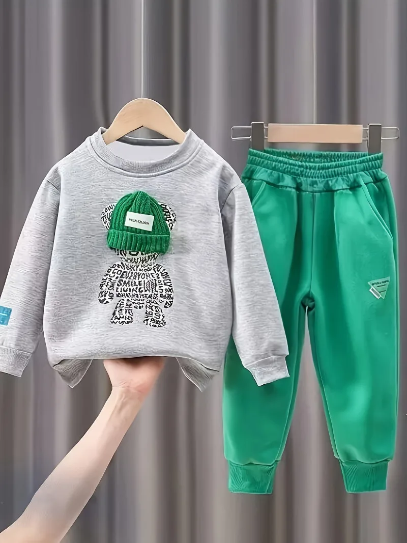 Spring Children Boy Cartoon Bear Top and Bottom 2 Pieces Clothes Set Baby Girl Hooded Sweater Pullover Pants Outfit Kid Ropa