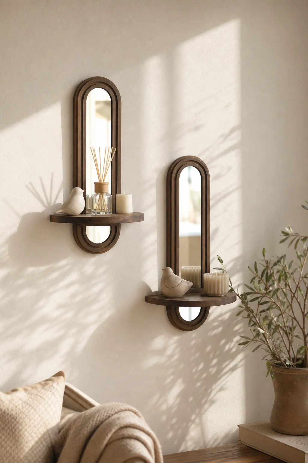 1/ 2Pcs Arched Wooden Wall Mirror with Floating Display Shelf Boho Vintage Wall Mount Mirror Shelf for Entryway Home Wall Decor