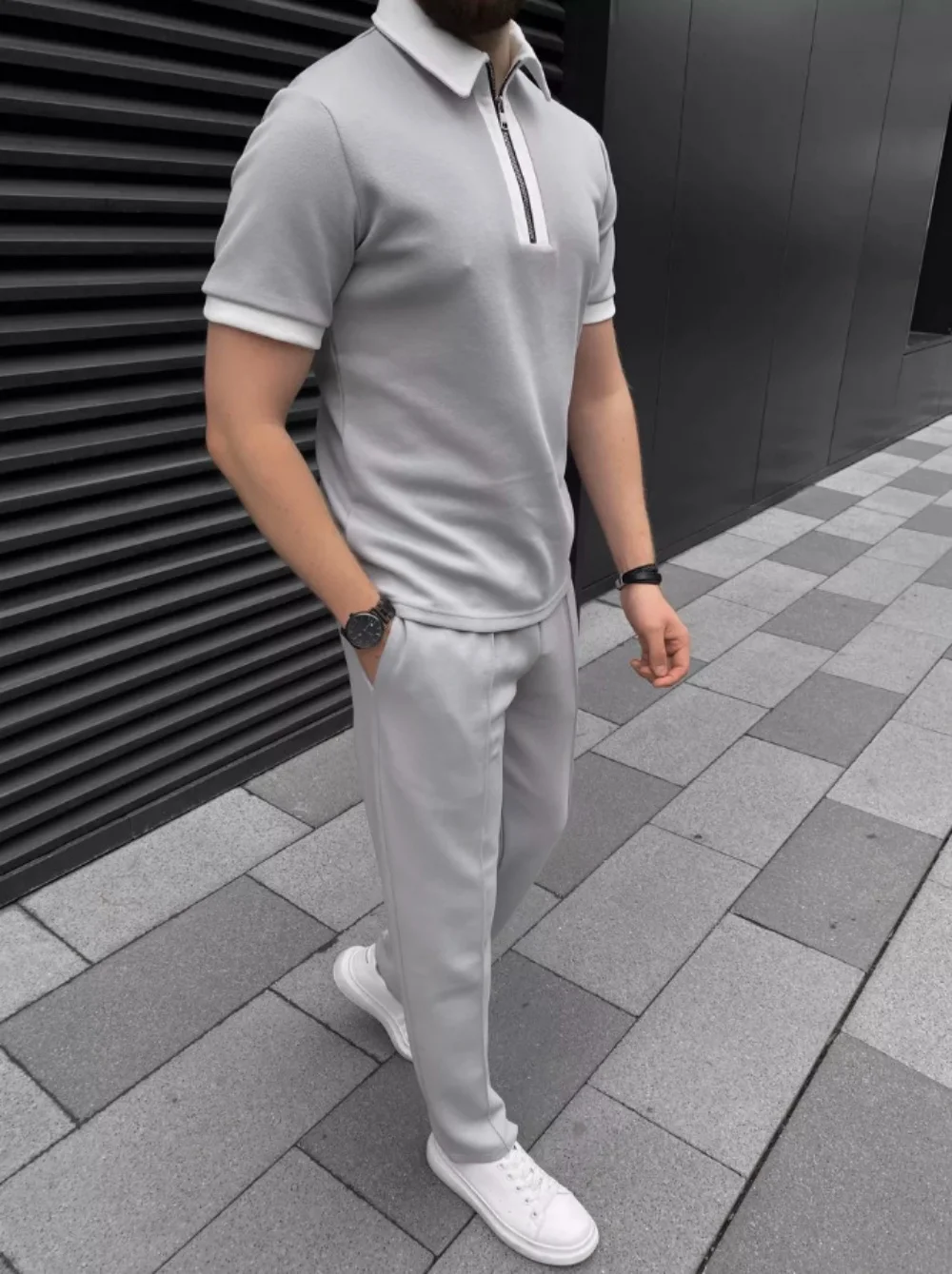 Men's Suit With Zipper Lapel, Solid Color Glossy Plate, Basic Short-Sleeved Top, Pocket, Light Mature Casual Trousers