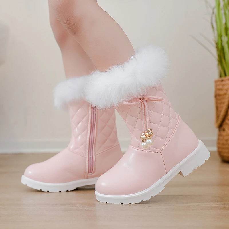 *Fashionable Round Toe Thick Soled Comfortable Baby Girl's Mid Length Boots 2026 Winter New Cute Bow Tie/Velvet Knight Boots