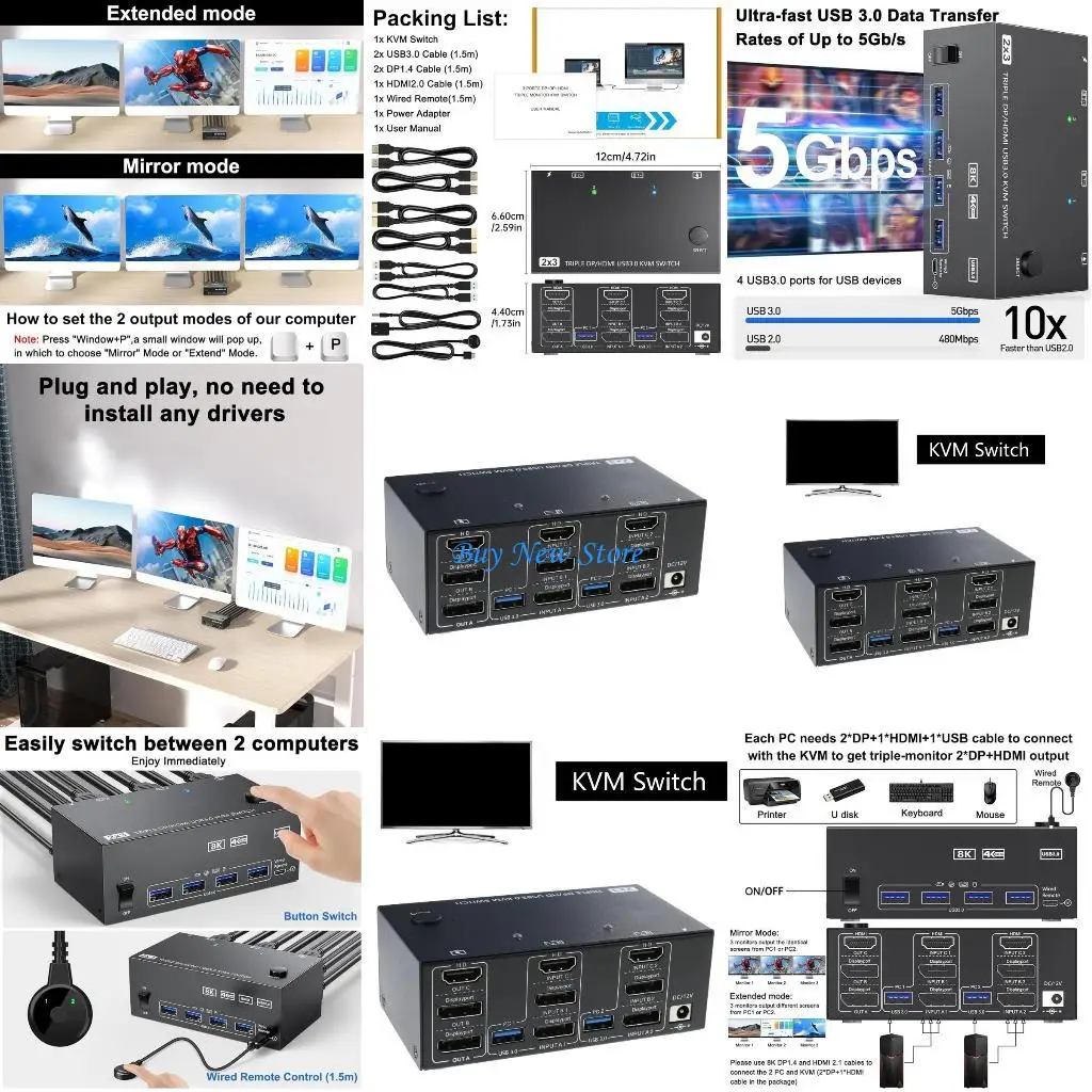 

20CE High Resolution HDTV KVM Switcher for 3Monitors 2PC 4 Usb3.0 Hubs