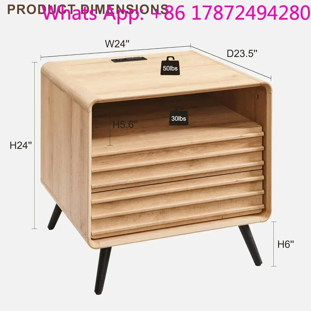 Mid Century Modern Fluted End Table with 2 Drawers, Wooden Side Table with Open Cubby Storage
