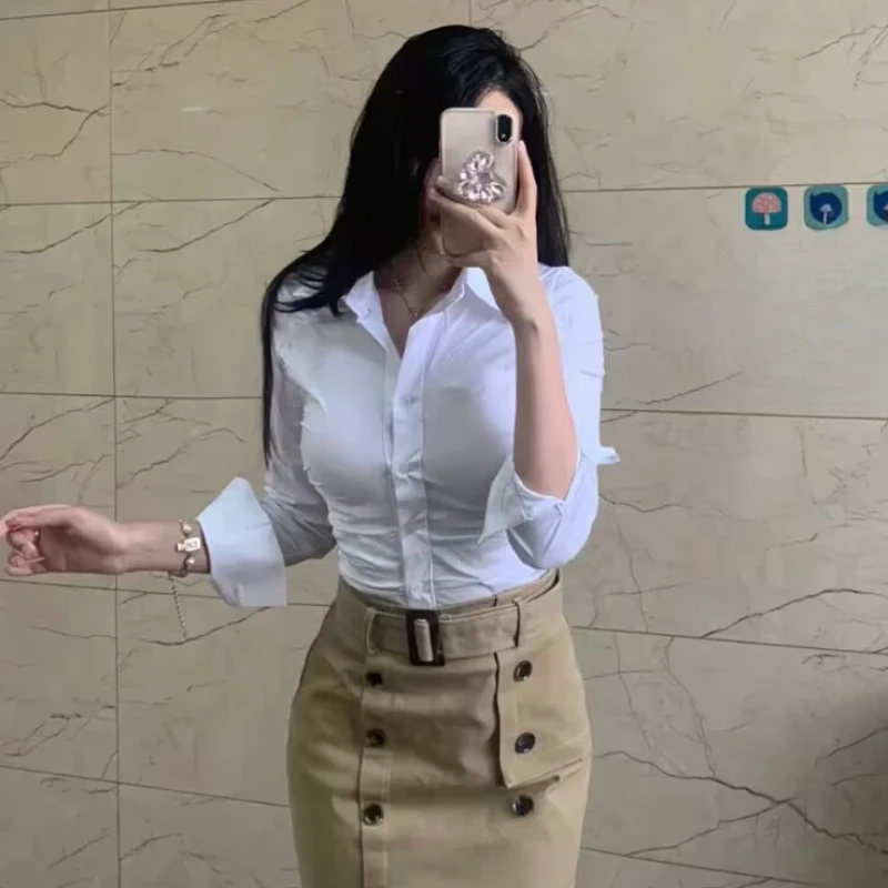 Preppy Shirt Women Sexy Summer Slim Waist Solid Sun Protection Thin Korean Style Office Lady Single Breasted Long Sleeve Formal