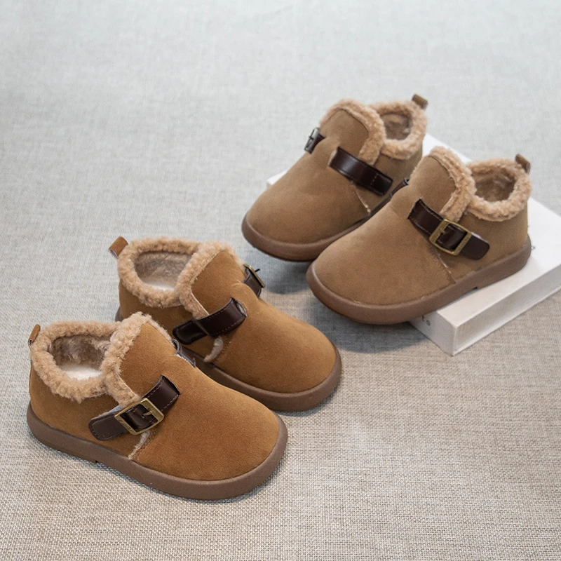 

Kids Flat Shoes Retro Suede Warm Children Casual Shoes Round Toes Classic 2025 Winter New Boys Girls Moccasins Soft Non-slip