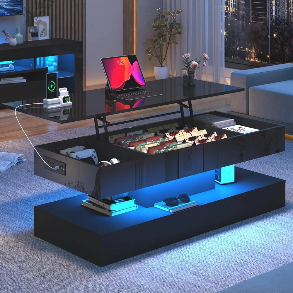

Large Lift Top Coffee Table, Modern High Glossy LED Coffee Tables for Living Room with Storage, Black Living Room Tables
