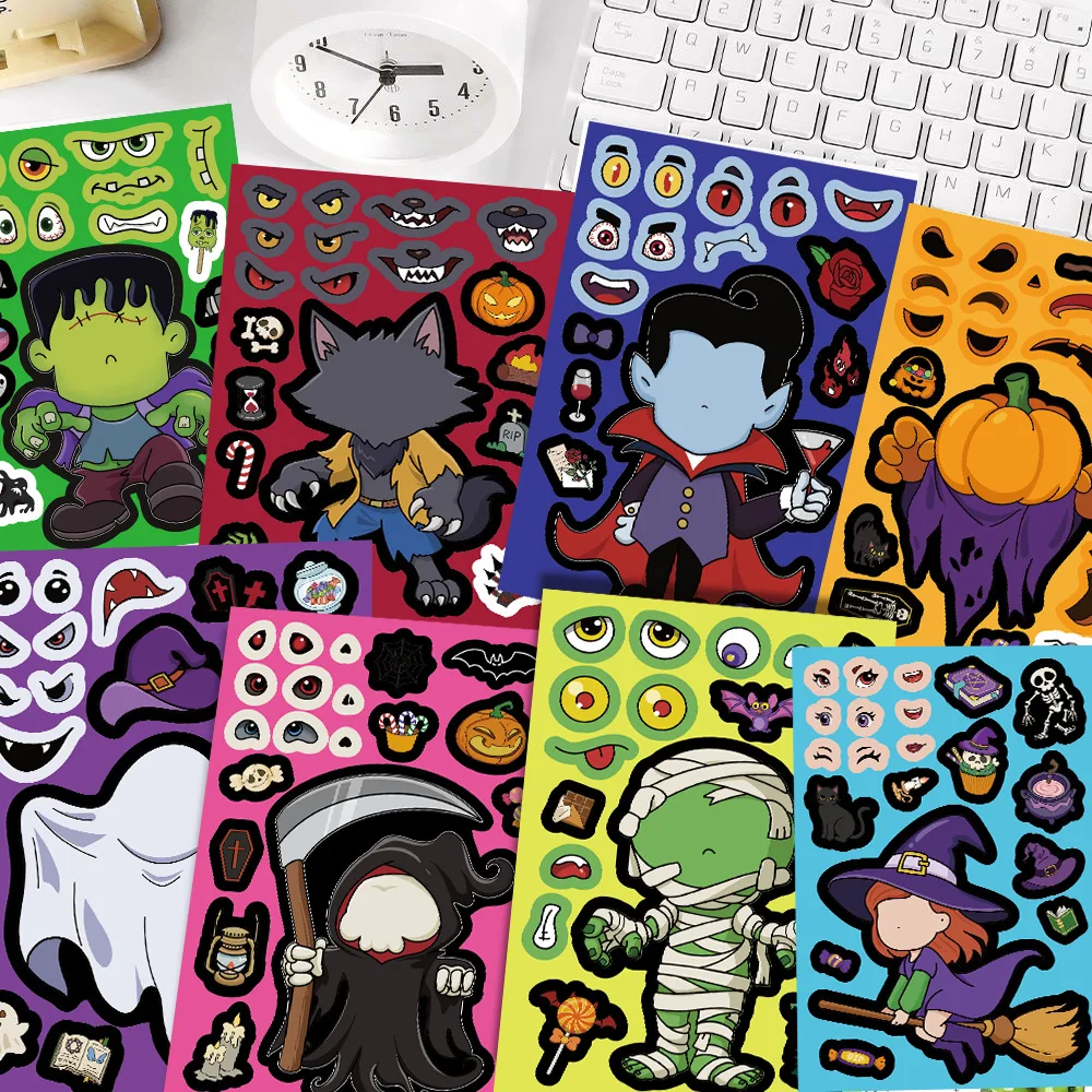 8/16 fogli Happy Halloween fa una faccia adesivo puzzle telefono fai da te laptop bagagli skateboard graffiti decalcomanie divertimento per regalo