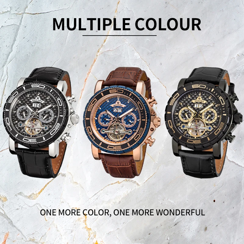 Boyzhe Newest 2022 Men\'s Watch Mechanical Wristwatches Man Luxury Automatic Male Skeleton Week Date Waterproof Watch for Men