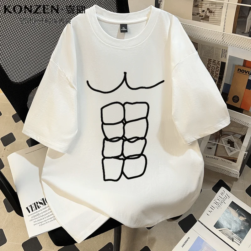 

Summer Simple Line Abs Print Men O Neck Short Sleeve T Shirt Teenager Korean Fashion Loose Tops Tee Black White Purple Traveling