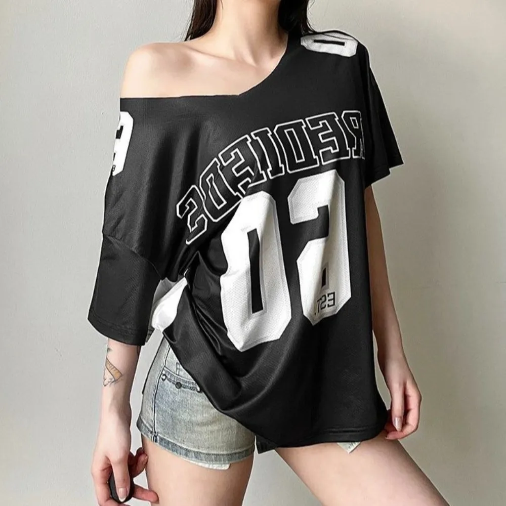 

Asymmetry Sporty Casual T-shirt English Letter Numbers Short Sleeves Top Atmosphere Style Versatile Harajuku Short Sleeved Club