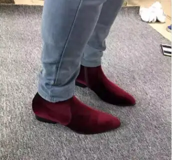 Winter Men Burgundy Velvet Solid Zipper Side Pointed Toe Flat Ankle Boots Male Run Way Chelsea Short Boots Drop Shipping
