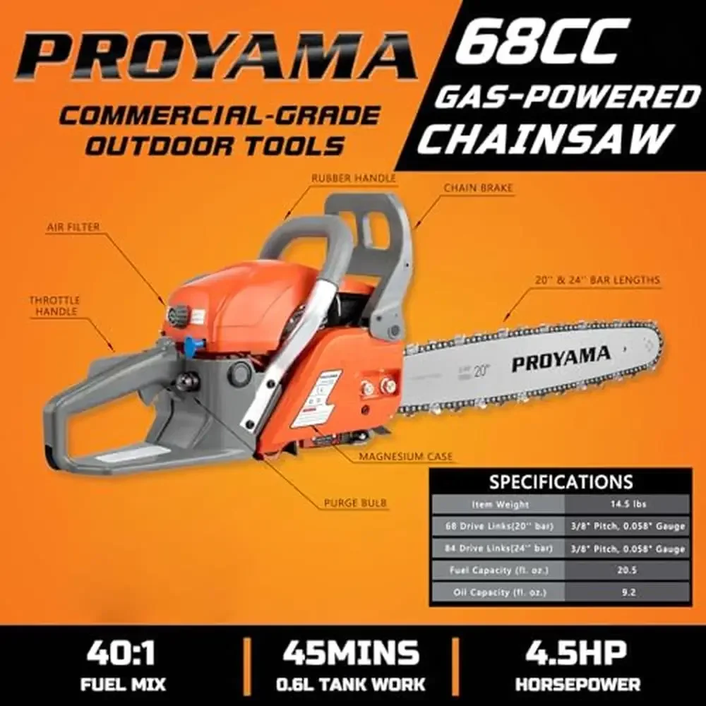 Gas Powered 68CC 2-Cycle Chainsaw 24