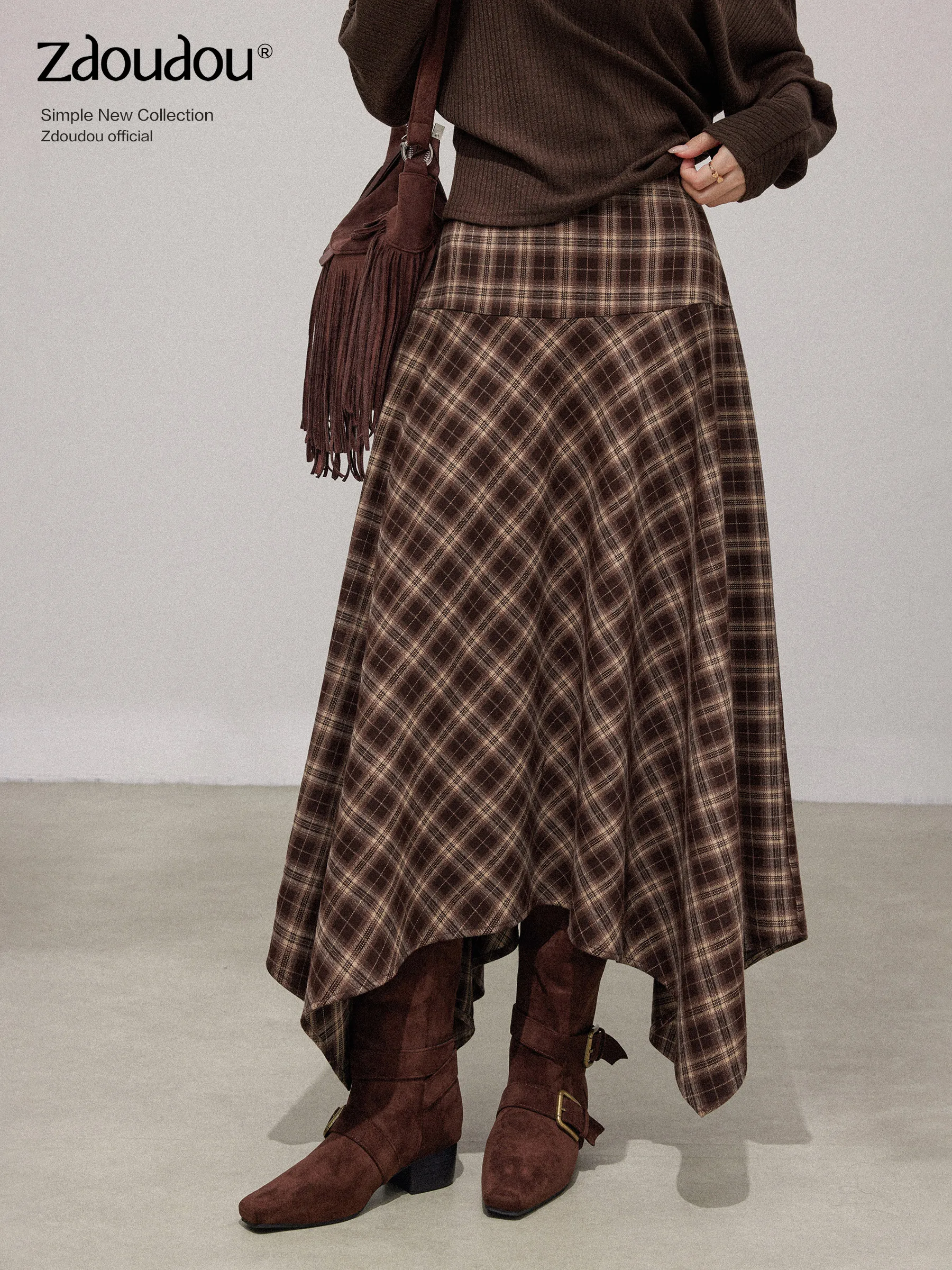 

Юбка миди в клетку с высокой талией, женская, осенняя, винтажная, А-силуэт, кофейного цвета, с асимметричным подолом, стройнящая, в повседневном стиле