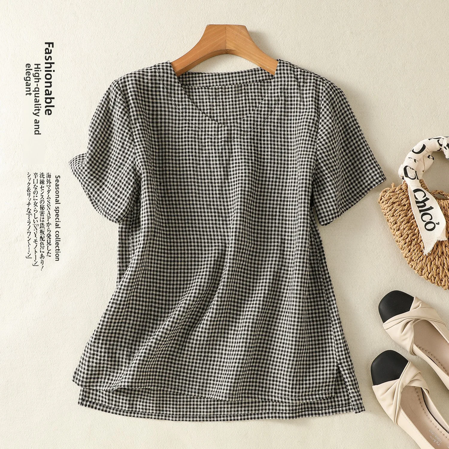 Wiosna Lato Nowa Krata Artystyczna Dojazdy do Pracy Wszechstronna ort Sve irt Cienka Mieszanka Bawełny i Lnu Damska Koszulka Prosty Krój