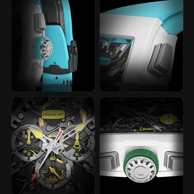 CRONUSART Men Automatic Watch 50MM Chronograph Tonneau Mechanical Wristwatch Luminous Fluororubber Case Skeleton Dial