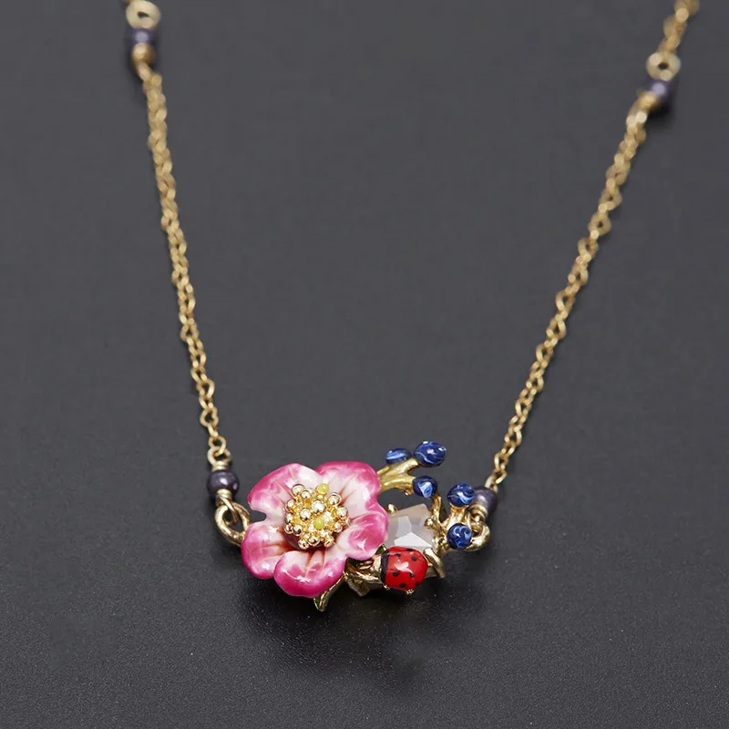 

New French Fashion Hand-painted Colored Glaze Pink Rose Flower Red Ladybug Square Opal Glass Pendant Collarbone Necklace Jewelry