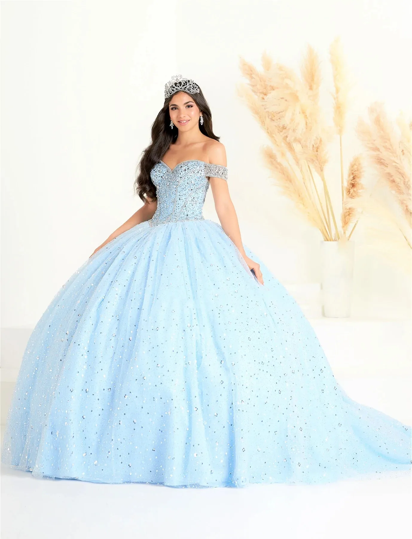 فساتين Quinceanera باللون الأزرق السماوي ، فساتين مكشوفة الكتف ، مزينة بكريستال ، فساتين حلوة ، 16 لون ، 15 لون